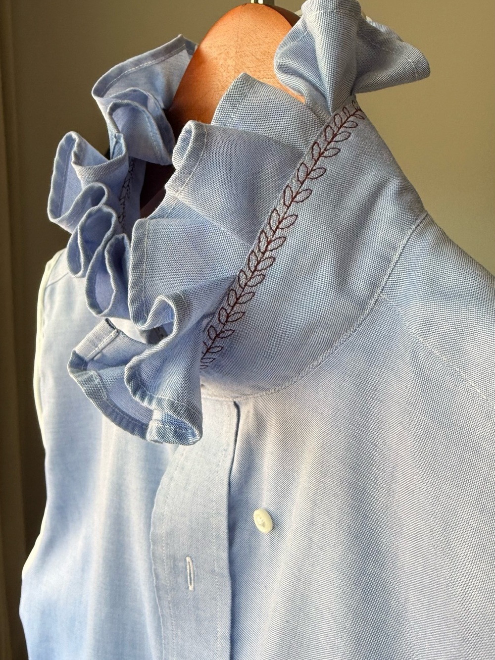 Upcycled Ralph Lauren Ruffle Neck Chambray Blouse best on Memorial’s weekend